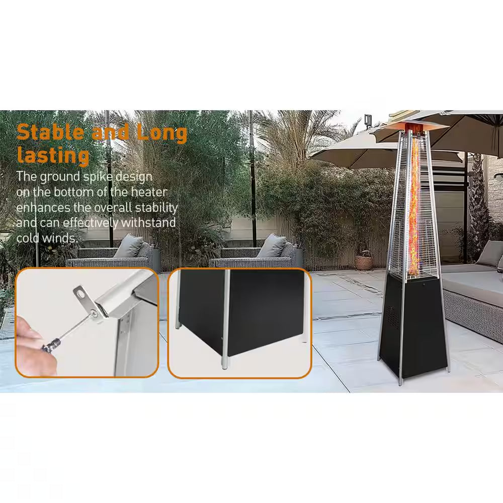 48,000 BTU Stainless Steel Pyramid Flame Brown Propane Standing Patio Heater with Detachable Wheels, Protective Cover