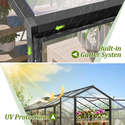 12'X8' Outdoor Greenhouse, Walk-In Polycarbonate Green House with Aluminum Frame for Backyard, Black