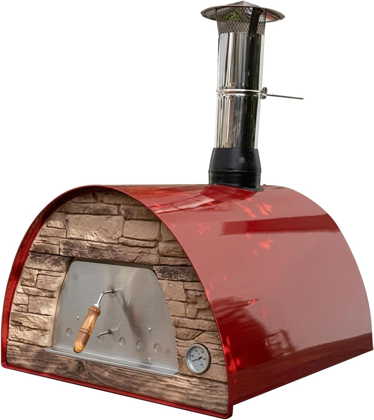 Maximus Red Wood-Fired Portable Outdoor Pizza Oven, Handmade in Portugal, Stainless Steel Chimney, Pizza Peel, Thermometer, Extra Floor Tile & Baking Dish Included