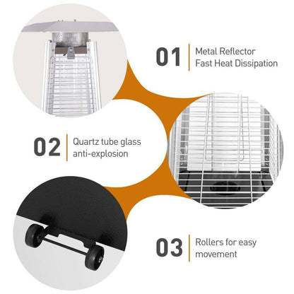 48,000 BTU Stainless Steel Pyramid Flame Brown Propane Standing Patio Heater with Detachable Wheels, Protective Cover