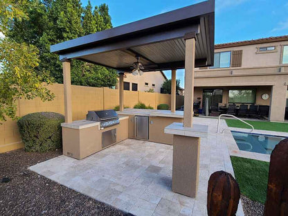 KoKoMo Outdoor Kitchen BBQ Island with 12' x 12' Pergola – Built-In 4-Burner Grill, Refrigerator, and Lighting
