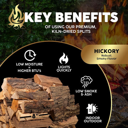 Kiln-Dried PA Hickory – 8” Splits (Approx 39.5 Lb) – Bold Smoking Wood for Pizza Ovens, BBQ & Fire Pits – Easy Light, Low Smoke, USA Sourced