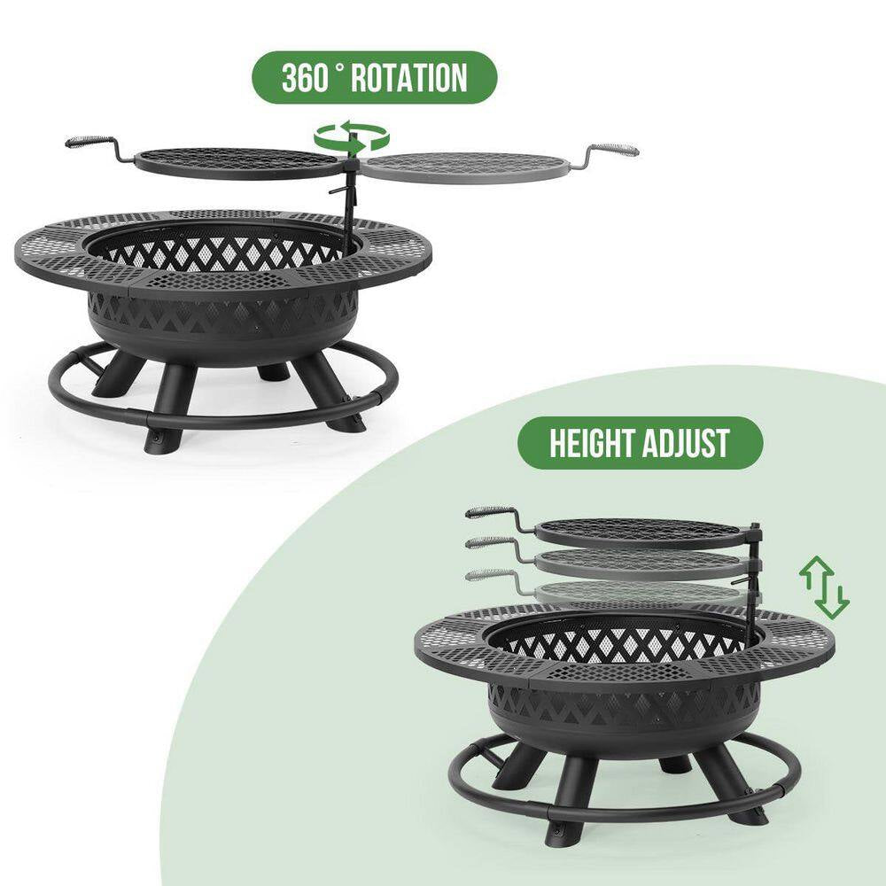 25.2 In. Fire Pit with Grill Outdoor Wood Fire Pit with Lid and Fire Poker 3-In-1 round Metal Firepit with Cooking Grate