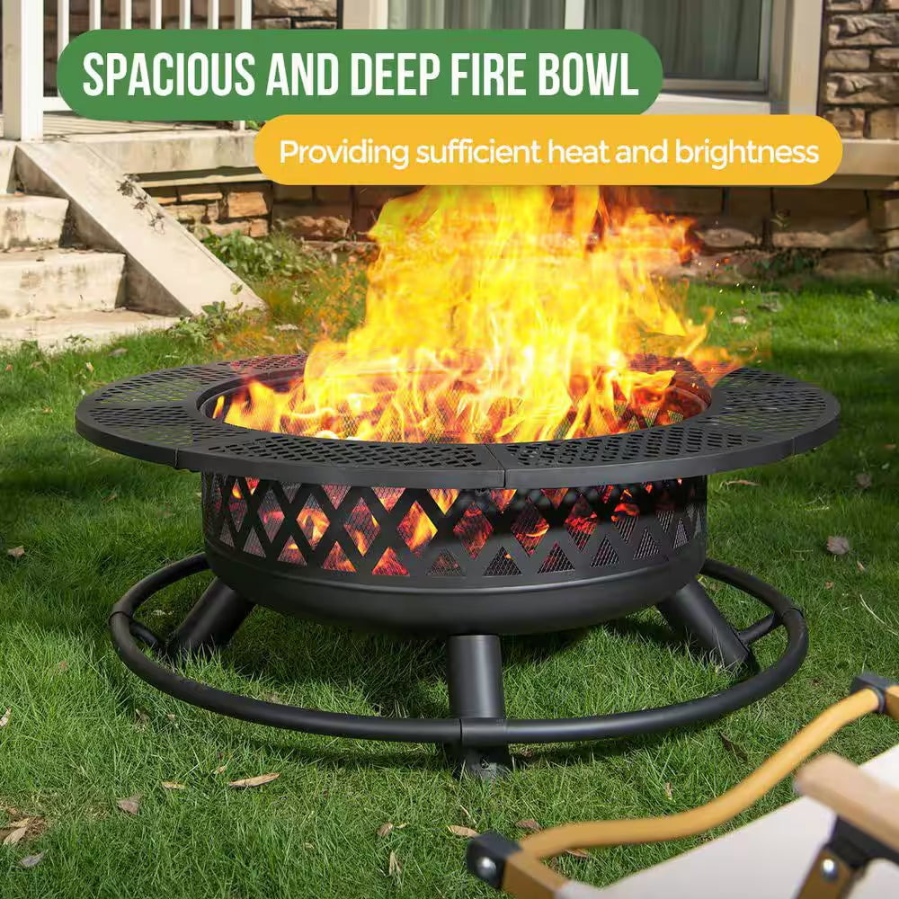 25.2 In. Fire Pit with Grill Outdoor Wood Fire Pit with Lid and Fire Poker 3-In-1 round Metal Firepit with Cooking Grate