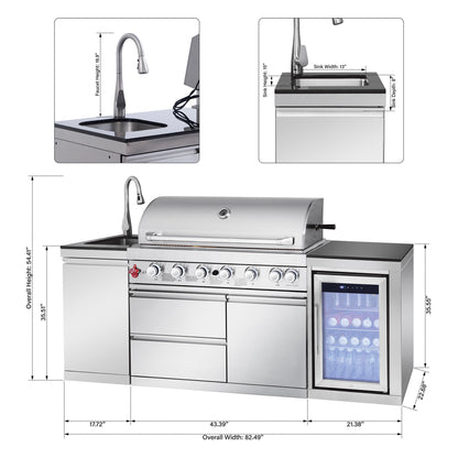 Outdoor Kitchen Island 82.5 Inch 6 Burner Propane Gas BBQ Grill