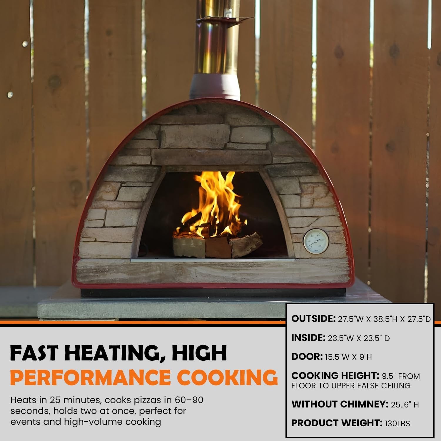 Maximus Red Wood-Fired Portable Outdoor Pizza Oven, Handmade in Portugal, Stainless Steel Chimney, Pizza Peel, Thermometer, Extra Floor Tile & Baking Dish Included