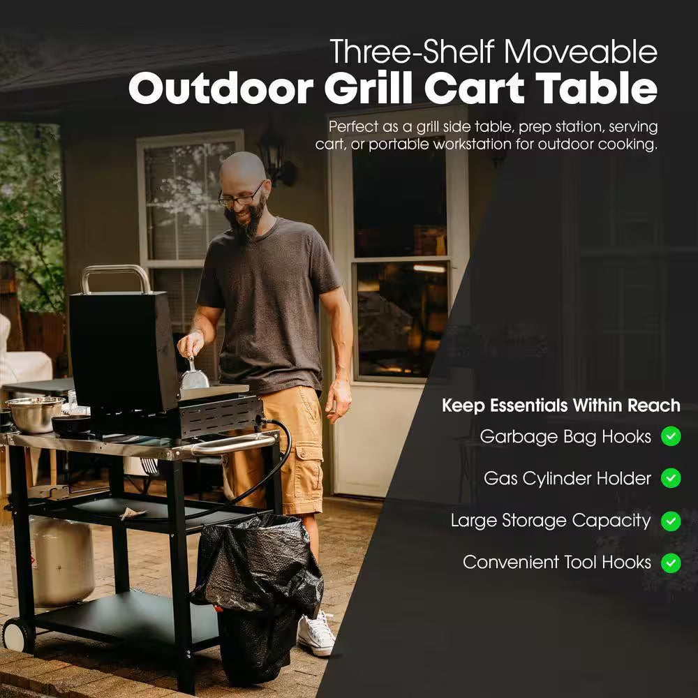 3-Tier Outdoor Grill Cart with Drawer-Universal Stainless Steel Prep Table for Blackstone, Ninja, Pizza Ovens