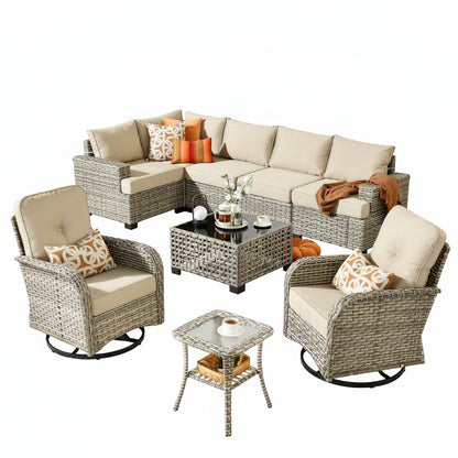 9-Piece Wicker Outdoor Conversation Set with Swivel Chairs — Beige