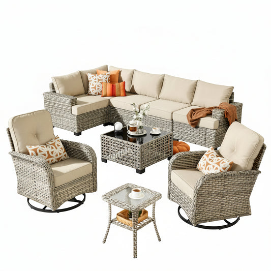 9-Piece Wicker Outdoor Conversation Set with Swivel Chairs — Beige