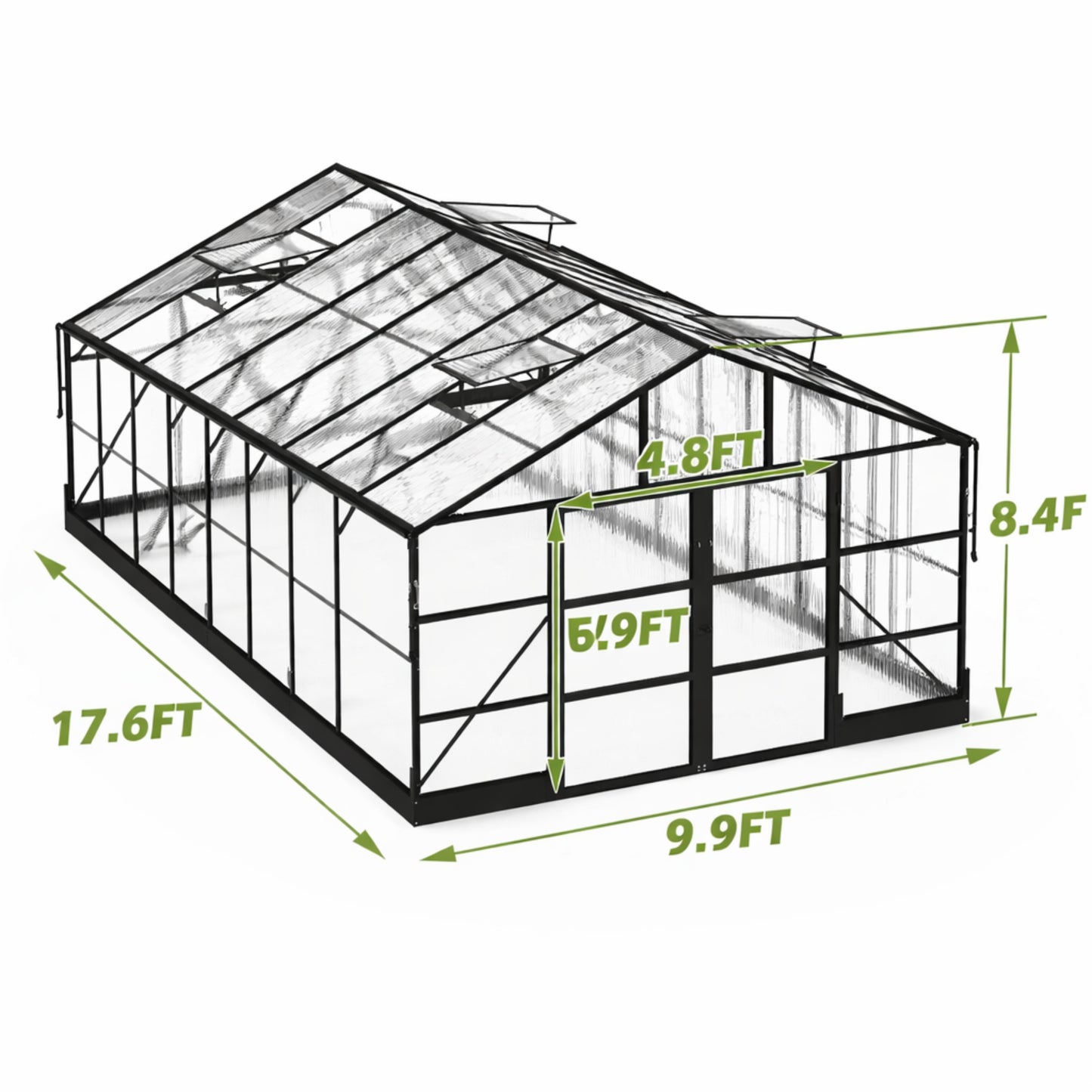 10x18 Ft Polycarbonate Greenhouse with Rain Gutter & 4 Roof Vents — Aluminum Frame, Black