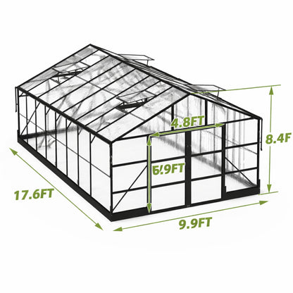 10x18 Ft Polycarbonate Greenhouse with Rain Gutter & 4 Roof Vents — Aluminum Frame, Black