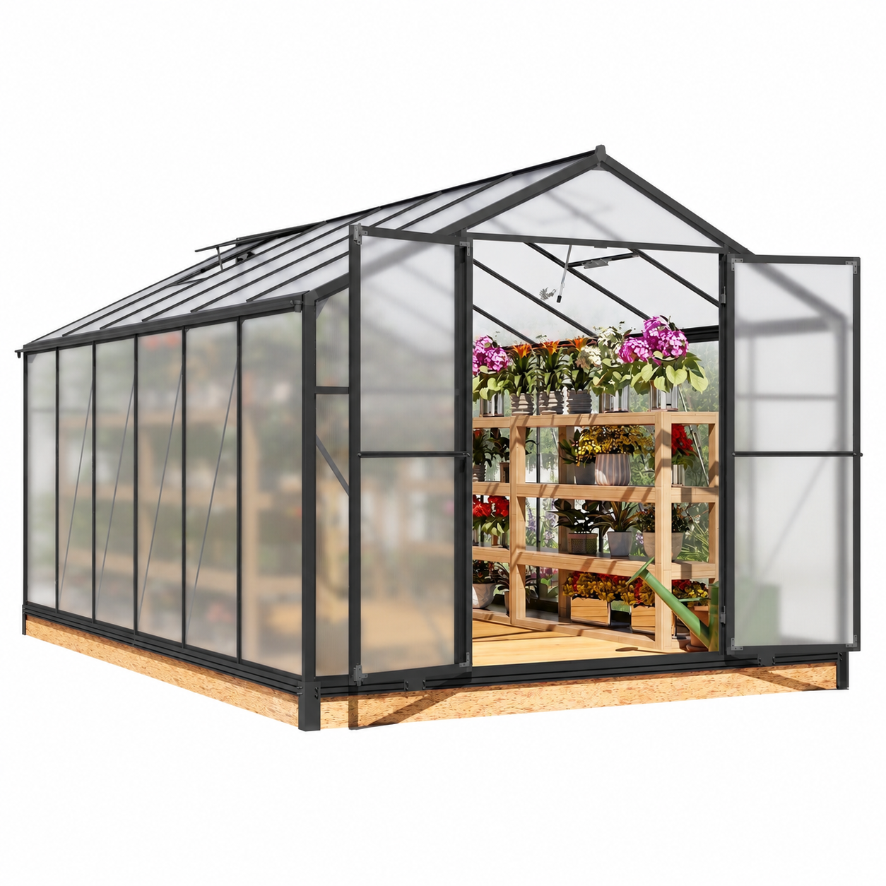 12x8 Ft Walk-In Polycarbonate Greenhouse — Aluminum Frame, Black