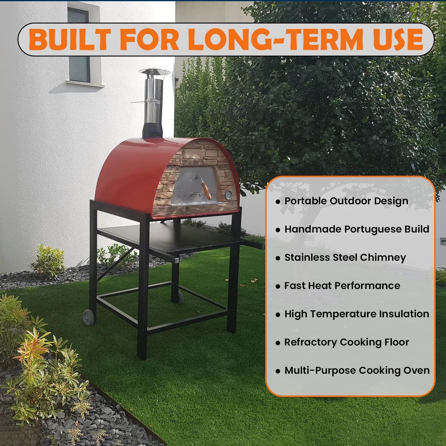 Maximus Red Wood-Fired Portable Outdoor Pizza Oven, Handmade in Portugal, Stainless Steel Chimney, Pizza Peel, Thermometer, Extra Floor Tile & Baking Dish Included