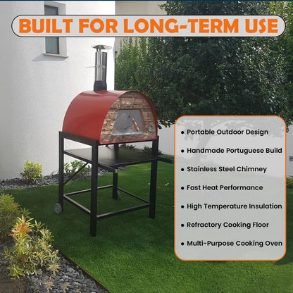 Maximus Red Wood-Fired Portable Outdoor Pizza Oven, Handmade in Portugal, Stainless Steel Chimney, Pizza Peel, Thermometer, Extra Floor Tile & Baking Dish Included