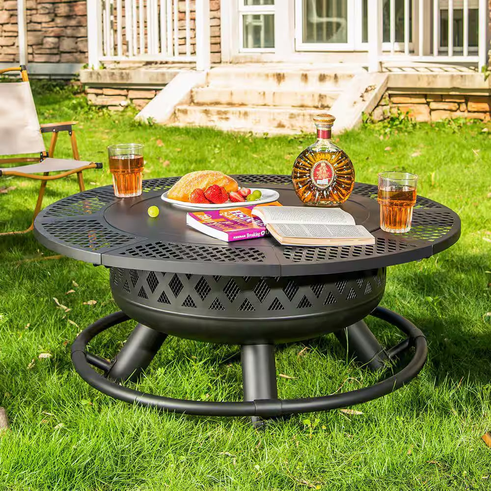 25.2 In. Fire Pit with Grill Outdoor Wood Fire Pit with Lid and Fire Poker 3-In-1 round Metal Firepit with Cooking Grate