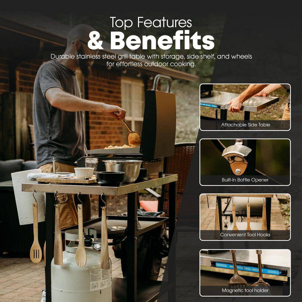 3-Tier Outdoor Grill Cart with Drawer-Universal Stainless Steel Prep Table for Blackstone, Ninja, Pizza Ovens