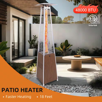 48,000 BTU Stainless Steel Pyramid Flame Brown Propane Standing Patio Heater with Detachable Wheels, Protective Cover