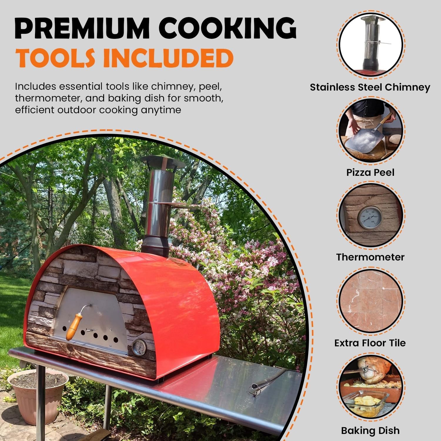 Maximus Red Wood-Fired Portable Outdoor Pizza Oven, Handmade in Portugal, Stainless Steel Chimney, Pizza Peel, Thermometer, Extra Floor Tile & Baking Dish Included