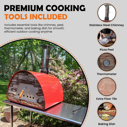 Maximus Red Wood-Fired Portable Outdoor Pizza Oven, Handmade in Portugal, Stainless Steel Chimney, Pizza Peel, Thermometer, Extra Floor Tile & Baking Dish Included