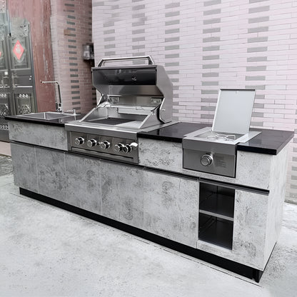 Custom 304 Stainless Steel Outdoor Kitchen Island with Sink & Gas BBQ Grill, Light Gray, Natural Gas