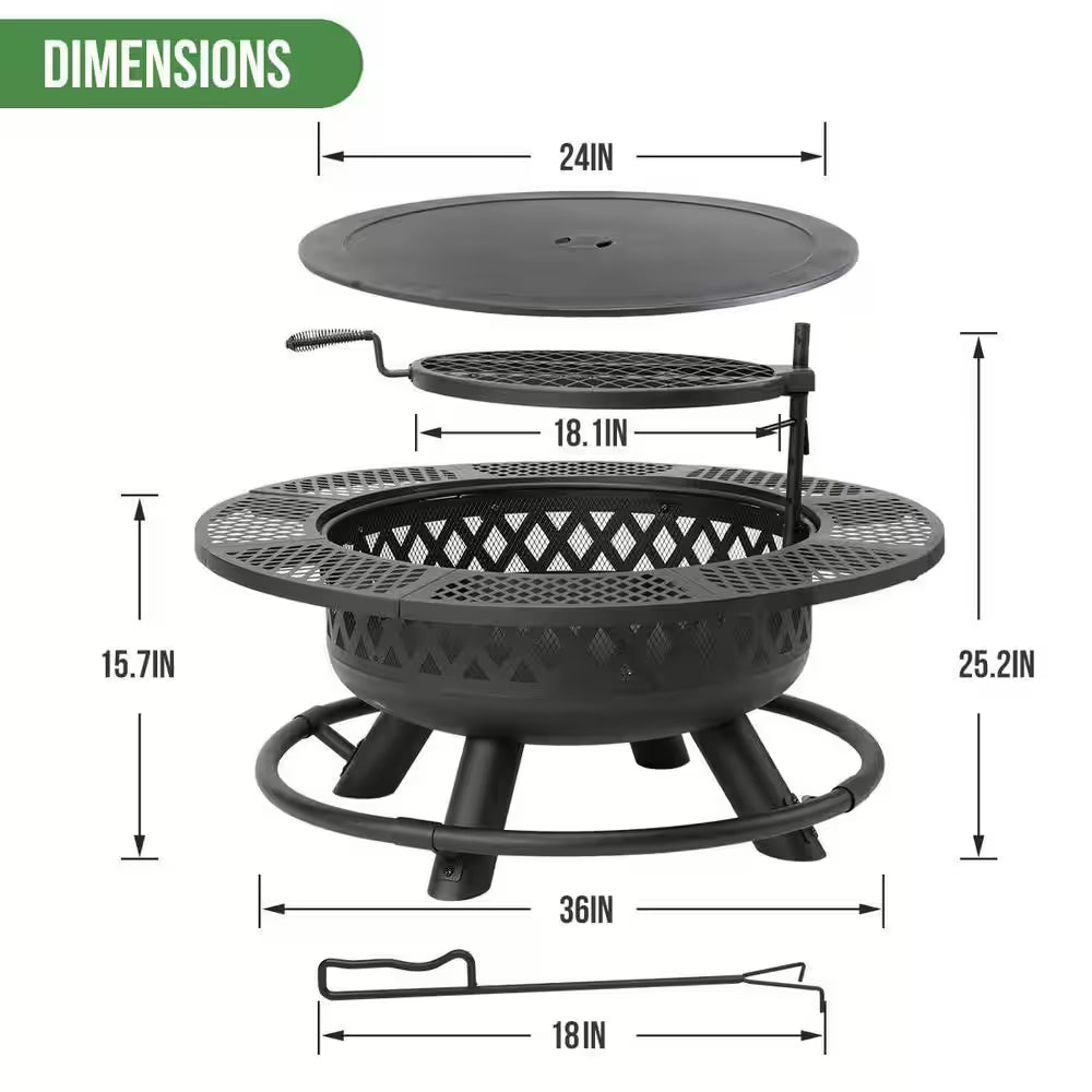 25.2 In. Fire Pit with Grill Outdoor Wood Fire Pit with Lid and Fire Poker 3-In-1 round Metal Firepit with Cooking Grate