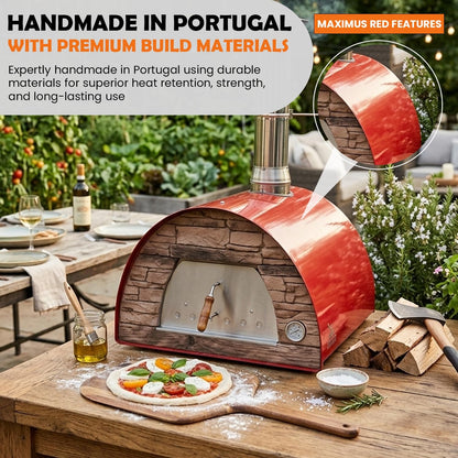 Maximus Red Wood-Fired Portable Outdoor Pizza Oven, Handmade in Portugal, Stainless Steel Chimney, Pizza Peel, Thermometer, Extra Floor Tile & Baking Dish Included