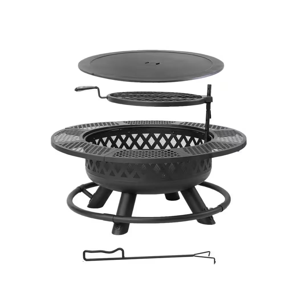 25.2 In. Fire Pit with Grill Outdoor Wood Fire Pit with Lid and Fire Poker 3-In-1 round Metal Firepit with Cooking Grate