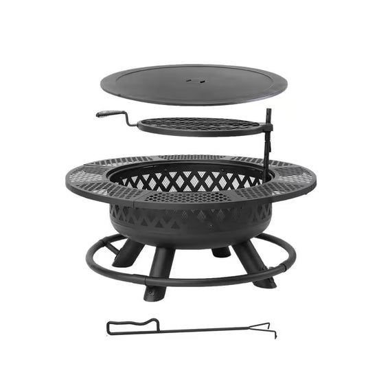 25.2 In. Fire Pit with Grill Outdoor Wood Fire Pit with Lid and Fire Poker 3-In-1 round Metal Firepit with Cooking Grate
